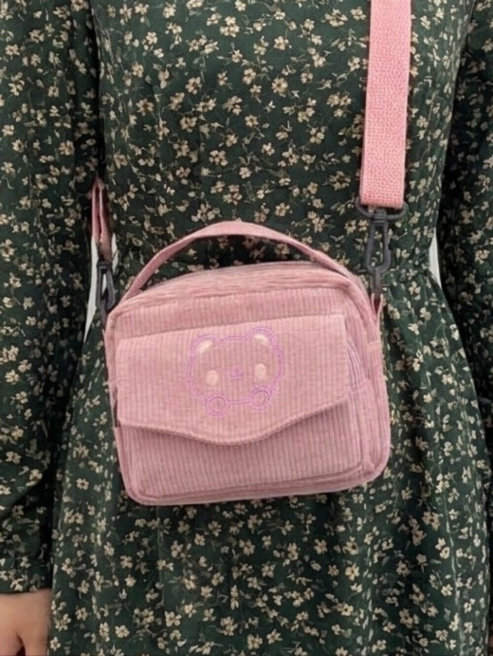 NWT Corduroy Cute Kawaii Bear Crossbody Bag & Messenger Shoulder Pouch - Pink